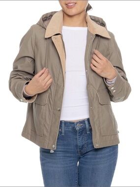 NEW Sanctuary Corduroy Collar Hooded Twill Barn Coat – Insulated, in Taupe Sz L